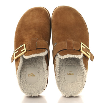 FENDI Suede Shearling Fendi Feel Buckled Clogs 39 Caramel Latte