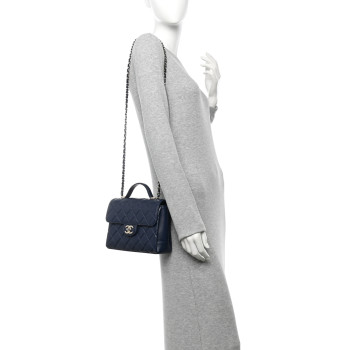 CHANEL Lambskin Quilted Small Top Handle Square Flap Navy Blue