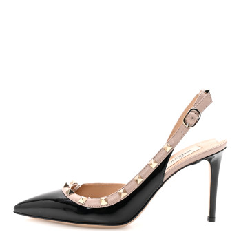 VALENTINO GARAVANI Patent Rockstud Half d'Orsay Slingback 85mm Pumps 38 Black Poudre