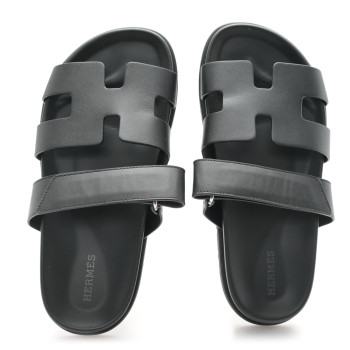 HERMES Calfskin Womens Chypre Sandals 36.5 Black