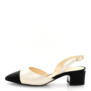 CHANEL Iridescent Calfskin Grosgrain Cap Toe CC Slingback Pumps 36 White Black