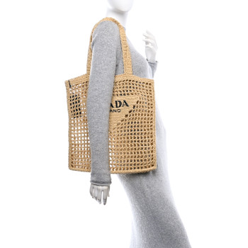 PRADA Yarn Raffia Effect Crochet Logo Embroidered Tote Bag Naturale