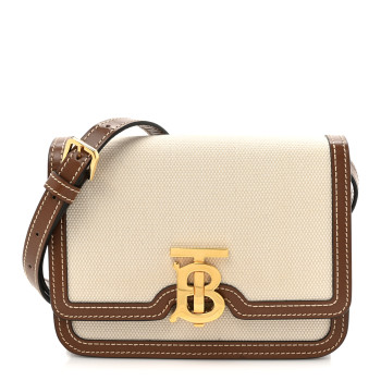 BURBERRY Canvas Calfskin Small TB Bag Natural Malt Brown