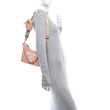 PRADA Yarn Raffia Effect Crochet Striped Re-Edition 2005 Shoulder Bag Naturale Petalo