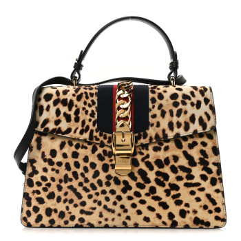 GUCCI Calf Hair Leopard Print Medium Sylvie Top Handle Bag Naturale Black