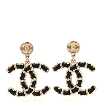 CHANEL Lambskin Chain CC Drop Earrings Black Gold
