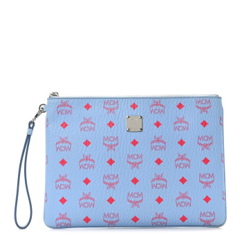 MCM Visetos Wristlet Zip Pouch Light Blue Red