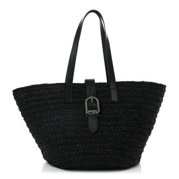 SAINT LAURENT Raffia Calfskin Celtic Buckle Medium Panier Tote Black