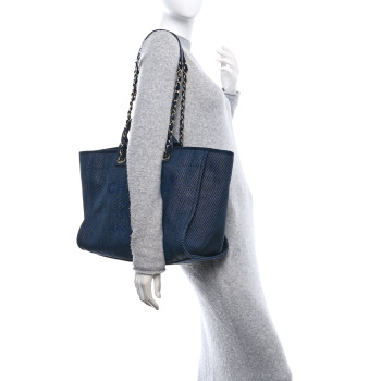 CHANEL Mixed Fibers Calfskin Medium Deauville Tote Navy Blue