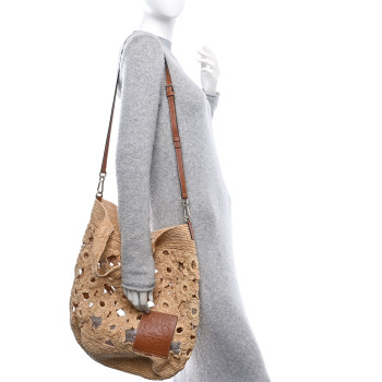 LOEWE Raffia Crochet Slit Tote Bag Natural Tan