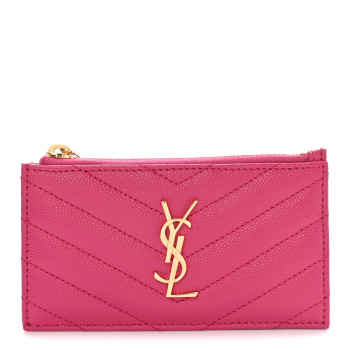 SAINT LAURENT Grain De Poudre Matelasse Chevron Monogram Fragments Zippered Card Case Fresh Fuxia