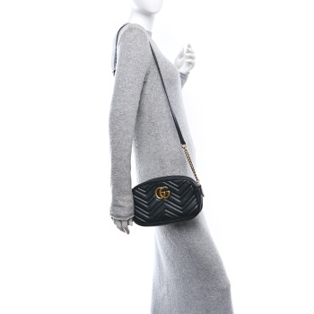 GUCCI Calfskin Matelasse Small GG Marmont Chain Shoulder Bag Black