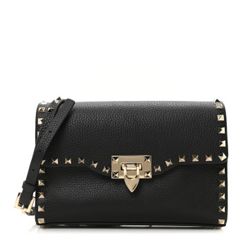 VALENTINO GARAVANI Pebbled Calfskin Medium Rockstud Flip Lock Crossbody Bag Black