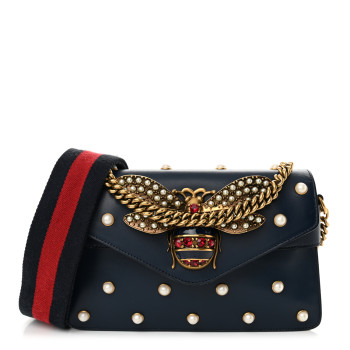 GUCCI Nappa Pearl Studded Mini Queen Margaret Broadway Shoulder Bag Blue Agata