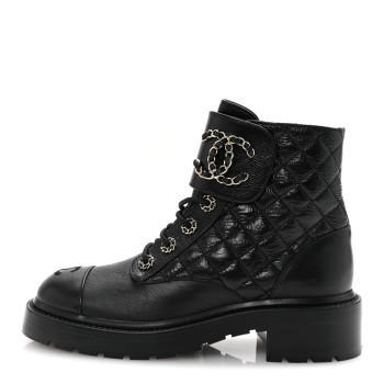 CHANEL Shiny Goatskin Calfskin Quilted Lace Up Combat Boots 37 Black