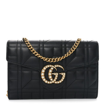 GUCCI Calfskin Matelasse Mini Pearly GG Marmont Chain Wallet Black