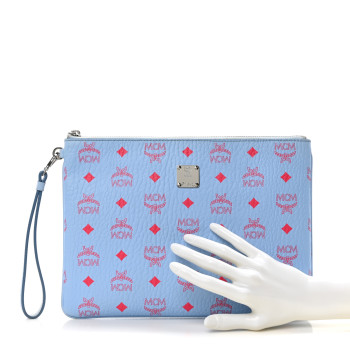 MCM Visetos Wristlet Zip Pouch Light Blue Red