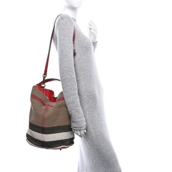 BURBERRY Canvas Mega Check Medium Ashby Bucket Bag Red