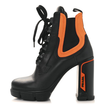 PRADA Vitello Montana Neoprene Lace Up Chelsea 110mm Ankle Boots 38 Black Arancio