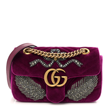 GUCCI Velvet Matelasse Embroidered Mini GG Marmont Shoulder Bag Bordeaux