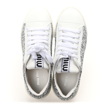 MIU MIU Calfskin Glitter Sneakers 37 White Argento