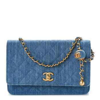 CHANEL Denim Quilted CC Pearl Crush Wallet on Chain WOC Blue