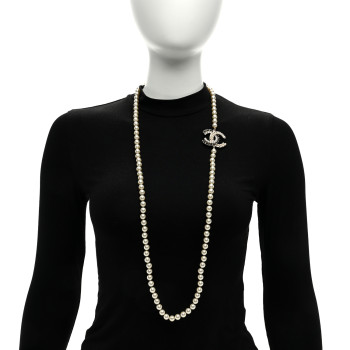 CHANEL Pearl Crystal Lambskin CC Long Necklace Gold Black