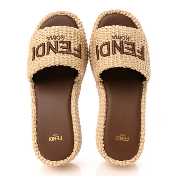 FENDI Straw Vitello Grace Cuoio Logo Womens FF Sunshine Flatform Slide Sandals 38 Natural Brandy FENDI Straw Vitello Grace Cuoio Logo Womens FF Sunshine Flatform Slide Sandals 38 Natural Brandy