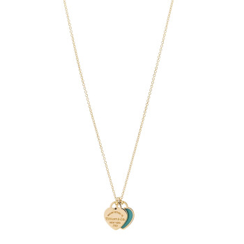 TIFFANY 18K Yellow Gold Enamel Return to Tiffany Mini Double Heart Tag Pendant Necklace Blue