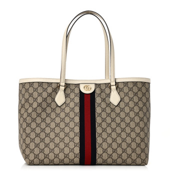 GUCCI GG Supreme Monogram Textured Dollar Calfskin Web Medium Ophidia Shopping Tote Beige Ebony Mystic White