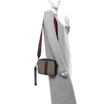 GUCCI GG Supreme Monogram Textured Dollar Calfskin Web Ophidia Wristlet Shoulder Bag Beige Ebony New Acero
