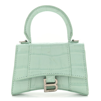 BALENCIAGA Shiny Calfskin Crocodile Embossed Hourglass Top Handle Bag Mini with Chain Green Acqua