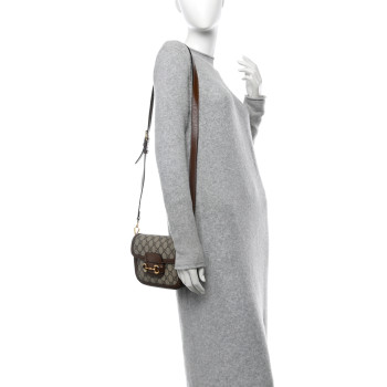 GUCCI GG Supreme Monogram Web Mini Horsebit 1955 Shoulder Bag Beige Brown Sugar