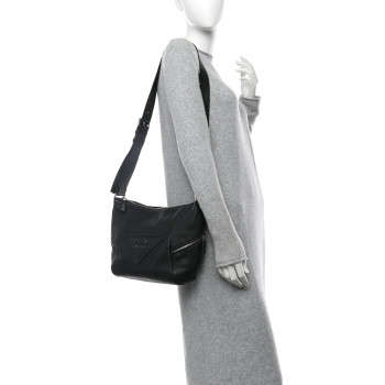 PRADA Vitello Daino Triangle Logo Embossed Shoulder Bag Black