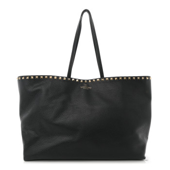 VALENTINO GARAVANI Grained Calfskin Rockstud Shoulder Tote Black