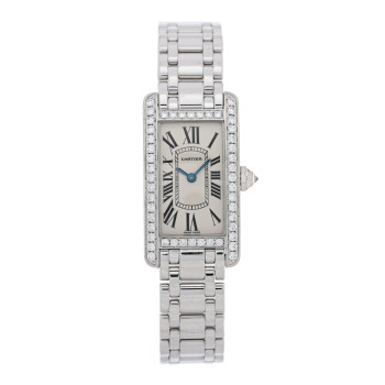 CARTIER 18K White Gold Diamond Bezel 19mm Tank Americaine Quartz Watch