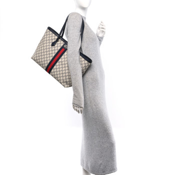 GUCCI GG Supreme Monogram Textured Calfskin Web Medium Ophidia Shopping Tote Beige Blue