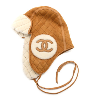CHANEL Lambskin Shearling Quilted CC Trapper Hat Brown