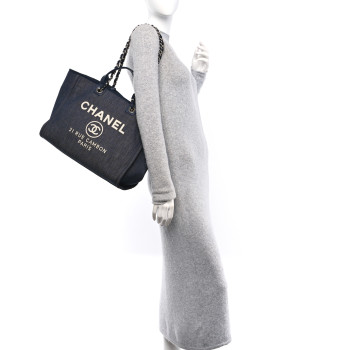 CHANEL Denim Large Deauville Tote Dark Blue