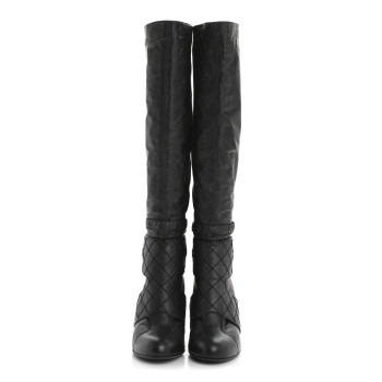 CHANEL Aged Calfskin Quilted Knee High CC Boots 38.5 Black