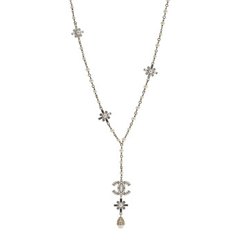 CHANEL Crystal Baguette Pearl CC Cross Drop Necklace Gold