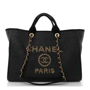 CHANEL Straw Raffia Calfskin Chain Medium Deauville Black