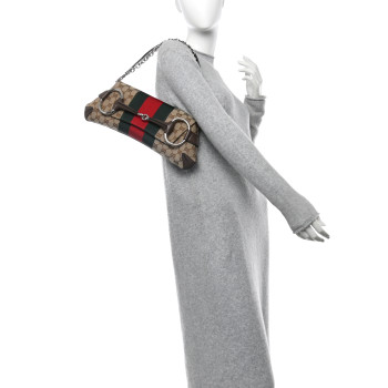GUCCI Monogram Textured Dollar Calfskin Heavy Grosgrain Web Medium Maxi Horsebit Chain Shoulder Bag Beige Ebony New Acero