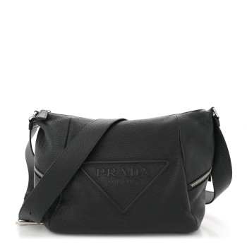 PRADA Vitello Daino Triangle Logo Embossed Shoulder Bag Black