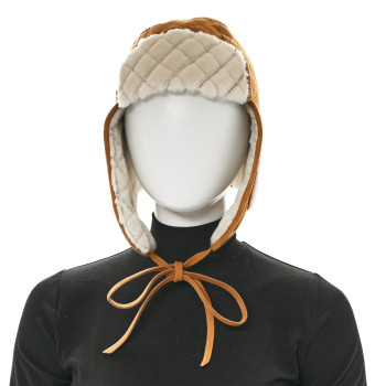 CHANEL Lambskin Shearling Quilted CC Trapper Hat Brown