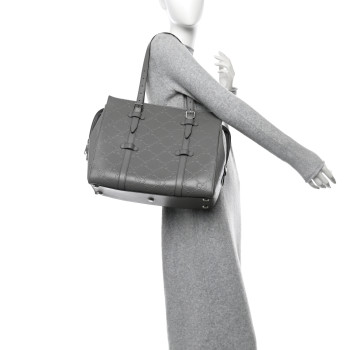 GUCCI Calfskin GG Tennis Embossed Tote Bag Dusty Grey