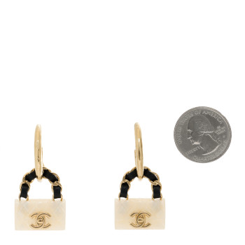 CHANEL Metal Resin Calfskin Quilted CC Turnlock Chain Bag Earrings Gold White
