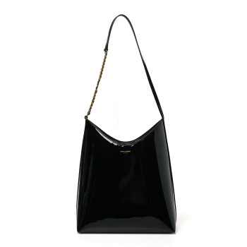 SAINT LAURENT Patent Calfskin Rendez-Vous Hobo Black