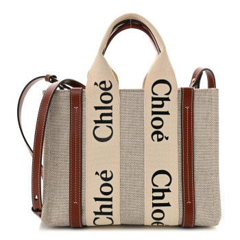 CHLOE Cotton Calfskin Small Woody Ribbon Tote With Strap White Brown