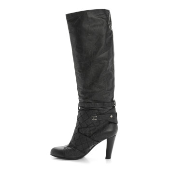 CHANEL Aged Calfskin Quilted Knee High CC Boots 38.5 Black